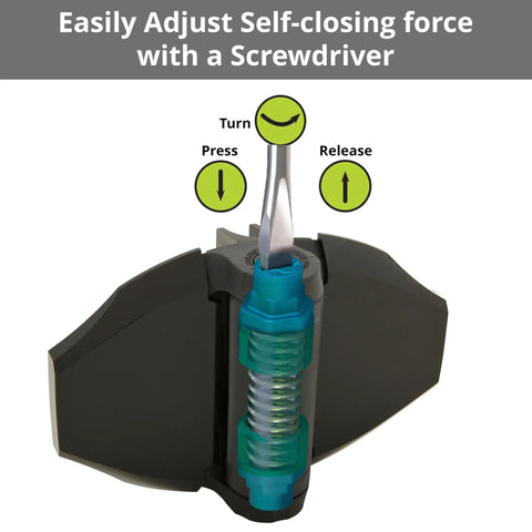 Detailed view of Heavy Duty Square Gate Hinges With Adjustable Tension For Self Closing Pool And Yard Gates. Instructions for adjustment.