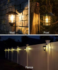 Outdoor Solar Lanterns With Hanging And Wall Mount Kit, Weatherproof Garden Porch Fence Lights, shown on wall, post, and fence.