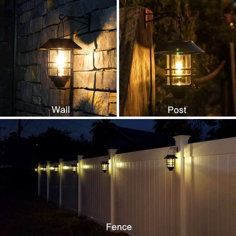 Outdoor Solar Lanterns With Hanging And Wall Mount Kit, Weatherproof Garden Porch Fence Lights, shown on wall, post, and fence.