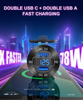 Upgraded Quad Port 12V USB Outlet Aluminum Car Charger With 78W Dual PD USB C And QC Fast Charge displaying voltage on screen.