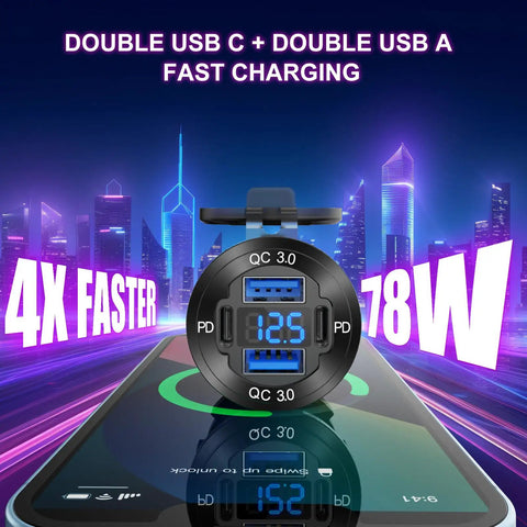 Upgraded Quad Port 12V USB Outlet Aluminum Car Charger With 78W Dual PD USB C And QC Fast Charge displaying voltage on screen.