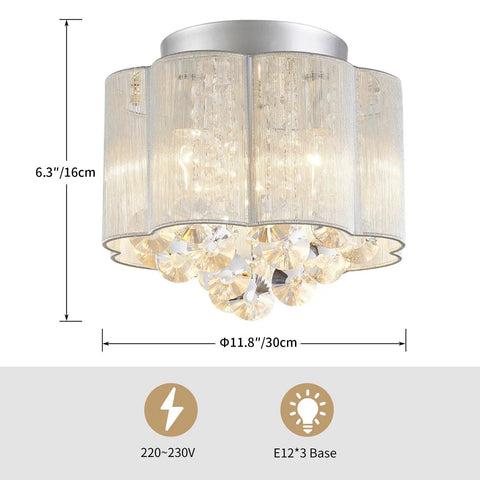 Crystal Flush Mount Ceiling Light With White Fabric Shade, 12 Inch Modern Drum Fixture, Three Light E12 Low Profile