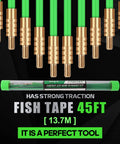 45Ft Fiberglass Running Wire Cable Kit With Glow Rods And Fish Tape Pro Grade Easy Wire Puller Set displayed with attachments.