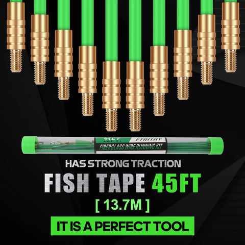 45Ft Fiberglass Running Wire Cable Kit With Glow Rods And Fish Tape Pro Grade Easy Wire Puller Set displayed with attachments.
