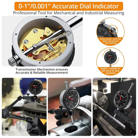 Pro Grade 0-1 Inch And 0.001 Inch Dial Indicator Kit With Magnetic Base And Case, precision gauge display with diagrams
