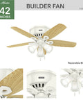 42 Inch Indoor Ceiling Fan With LED Lights, White Finish, Low Profile Flush Mount, Pull Chain Operation, Five Blades