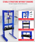6 Ton Hydraulic Shop Press With Stamping Plates for Auto Repairs, features stable blue carbon steel H-frame and labor-saving handle.