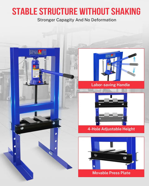 6 Ton Hydraulic Shop Press With Stamping Plates for Auto Repairs, features stable blue carbon steel H-frame and labor-saving handle.