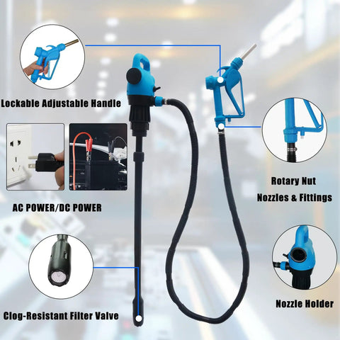 All Purpose Electric Drum Pump Workhorse for 55 Gallon Drums, 120 Volt AC and 12 Volt DC, telescoping tube, components view