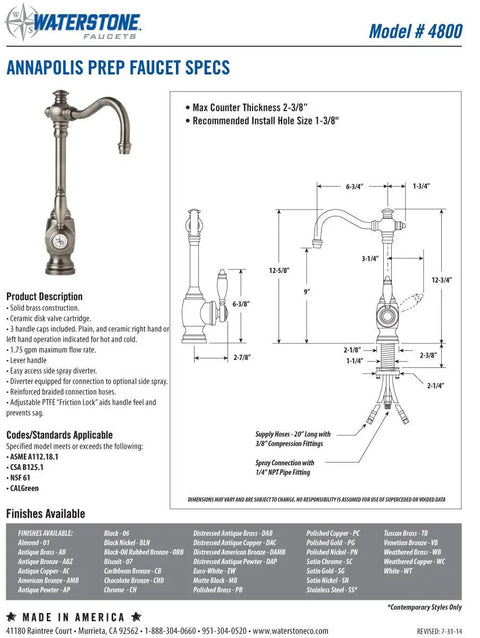 Kick Your Kitchen Up A Notch With This Solid Annapolis Prep Faucet Three Piece Set Sporting A Slick Matte Antique Brass Finish For Heavy Duty Use And Hassle Free Install specifications sheet showing measurements and features.