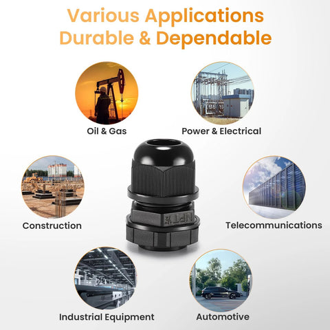 QILIPSU 12-pack cable gland, 1/2in NPT, nylon, IP68 waterproof, front view