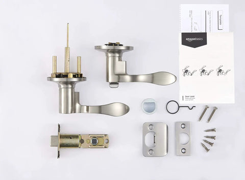 Components of Shelby Door Lever With Privacy Lock Satin Nickel, No Brainer Install For Right Or Left Handed Doors