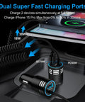 Hella Fast 48W USB C Car Charger With Slick Coiled Cable charging two devices, one cable labeled PD30W and another QC18W.