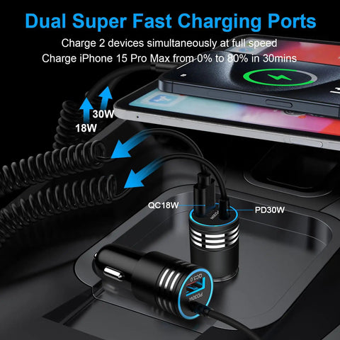 Hella Fast 48W USB C Car Charger With Slick Coiled Cable charging two devices, one cable labeled PD30W and another QC18W.