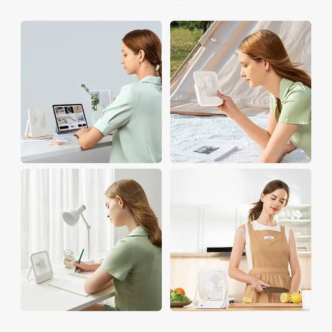Woman using Rechargeable Desk Fan With 4500mAh Battery And 180 Degree Foldable Design Portable Personal Fan indoors and outdoors