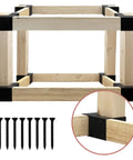 Heavy Duty 3 Way Corner Brackets Set For DIY Workbench And Work Table Fits 4x4 And 2x4 Lumber Right Angle Corner Brackets With Pre Drilled Holes Easy Install Black Great For Garage Shop And Home Projects, wooden frame with screws and bracket close-up.