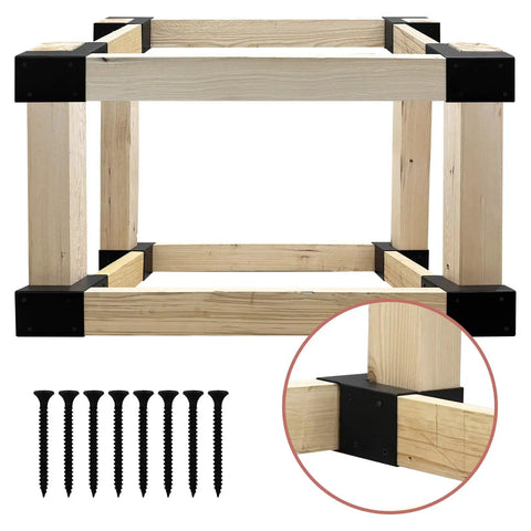 Heavy Duty 3 Way Corner Brackets Set For DIY Workbench And Work Table Fits 4x4 And 2x4 Lumber Right Angle Corner Brackets With Pre Drilled Holes Easy Install Black Great For Garage Shop And Home Projects, wooden frame with screws and bracket close-up.