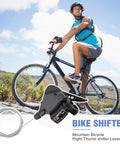 Biker with mountain bike and Pair 3x8 9 10 Speed Bike Shifters Left And Right Thumb Gear Shifters for MTB shown below