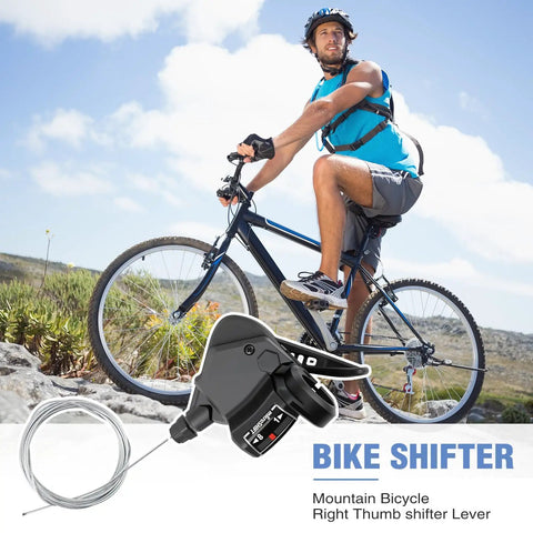 Biker with mountain bike and Pair 3x8 9 10 Speed Bike Shifters Left And Right Thumb Gear Shifters for MTB shown below