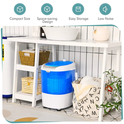 Compact Portable Washing Machine, 5 Point 5 Lb Mini Washer And Spinner Combo in a tidy laundry space with storage.