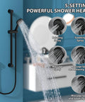 Shower Slide Bar Kit For Easy No Fuss Install, 28-Inch 304 Stainless Steel Bar With Adjustable Handheld Shower Head And 59-Inch Hose, 5 spray settings shown on a wall mount in use, matte black finish