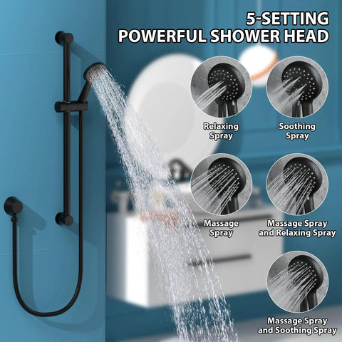 Shower Slide Bar Kit For Easy No Fuss Install, 28-Inch 304 Stainless Steel Bar With Adjustable Handheld Shower Head And 59-Inch Hose, 5 spray settings shown on a wall mount in use, matte black finish