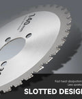 NEWTRY Replacement Saw Blades For Electric Rebar Cutter 140mm Diameter; close-up view highlighting slotted design for heat dissipation.