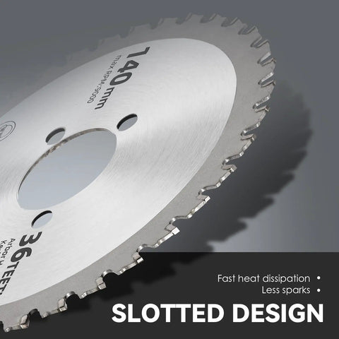 NEWTRY Replacement Saw Blades For Electric Rebar Cutter 140mm Diameter; close-up view highlighting slotted design for heat dissipation.