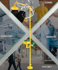 Heavy Duty 304 Stainless Steel Emergency Shower And Eyewash Station Kit with wide deep basin shown in industrial settings