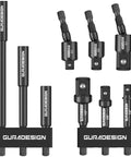 Nine Piece Beefy Impact Drill Socket Adapters Set With Universal Joints For One Quarter Inch Three Eighths Inch And One Half Inch Drive Includes Magnetic Bit Holder And Bit Extension In Chromium Vanadium Steel For Heavy Duty Auto And DIY Projects displayed with black finish and labeled GUARDESIGN.