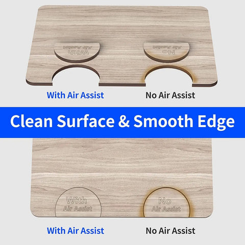 Comparison of wood cuts with and without Air Assist Pump Kit For Laser Cutter And Engraver, showing smooth and rough edges.