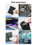 100 Pack Premium Microfiber Cleanroom Wipers cleaning electronic screens, metal parts, lenses, and circuit boards in various settings.