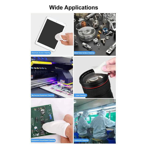 100 Pack Premium Microfiber Cleanroom Wipers cleaning electronic screens, metal parts, lenses, and circuit boards in various settings.
