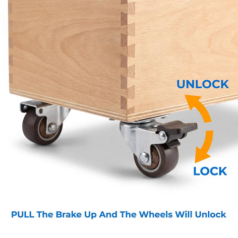 12 Pack 1 Inch Swivel Caster Wheels Real Deal Hardware Kit For Furniture Featuring Six Locking Brake Units And Six Freewheel Rollers Smooth Like Butter on a wooden storage unit with visible brakes.