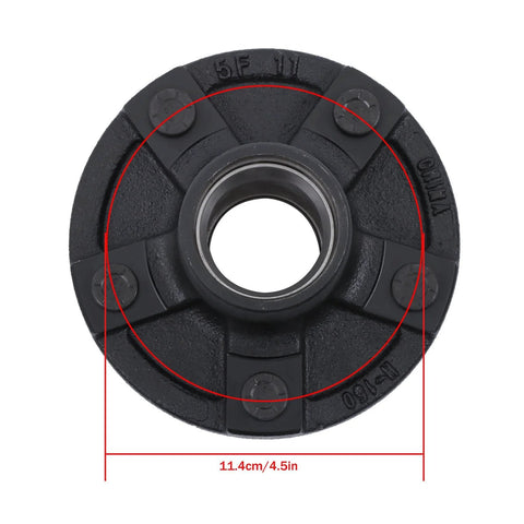 Front view of black 4.5-inch trailer hub kit with 1-inch BT8 spindle bore and bearing kit; six-bolt pattern.