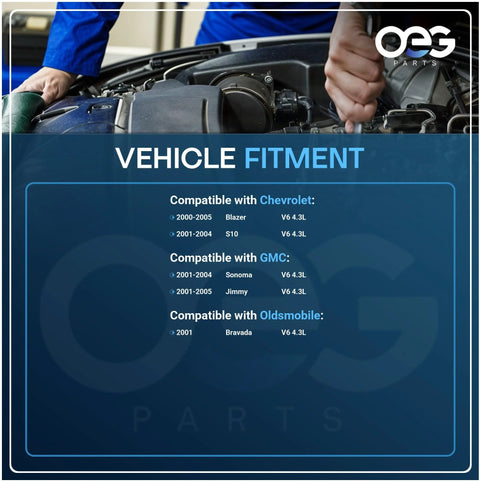 Mechanic working on a vehicle engine, compatible with Chevrolet, GMC, and Oldsmobile V6 4.3L; fitment chart for models 2000-2004.