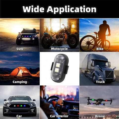Six Pack Wireless LED Strobe Lights With Remote Control showing applications for SUV, motorcycle, bike, truck, car interior, drone