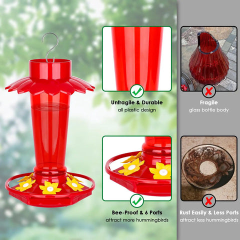 Red Hummingbird Feeder For Outdoors Hanging 2 Pack 10 Oz With 6 Feeding Ports And Perch No Mess Built In Ant Moat Garden Decor Gift For Women And Birdwatcher Approved shown on a garden background.