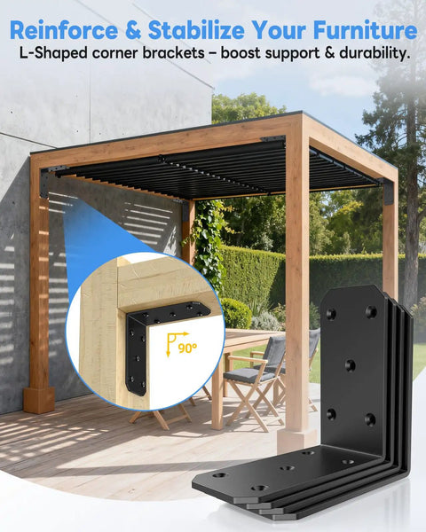 Badass Heavy Duty L Brackets 5 Inch Thick Steel Angle Supports Black 4 Pack For Wooden Shelves Furniture Pergolas showing corner bracket installation