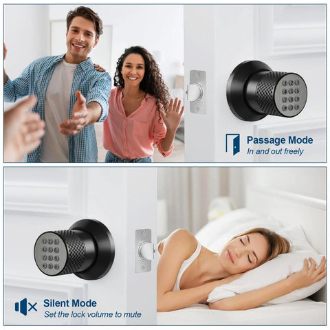 Keyless Entry Digital Door Lock With Keypad For Bedroom Home Office No Key Hassle Easy Install Auto Lock Anti Slip Handle And Spare Keys Durable Metal Electronic Lock showing passage and silent modes in use.