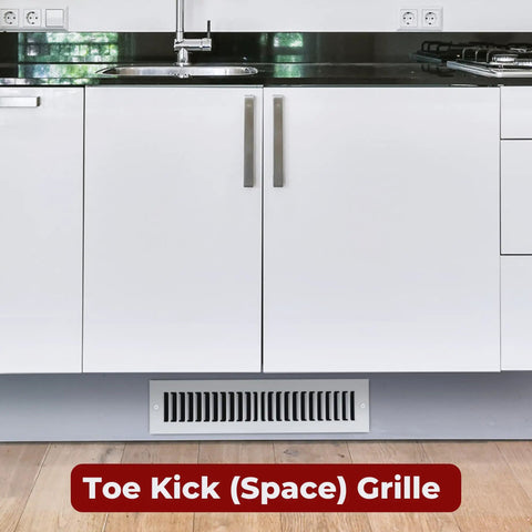 Toe Kick Vent Cover For 2x10 Duct Opening under white kitchen cabinet, showing off-white grille for HVAC with clean look.