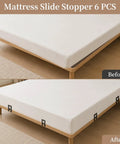 Six Pack Heavy Duty Mattress Slide Stoppers Lock Down Metal Beds Tight Adjustable Anti Slip Bed Grippers showing before and after mattress stabilization.