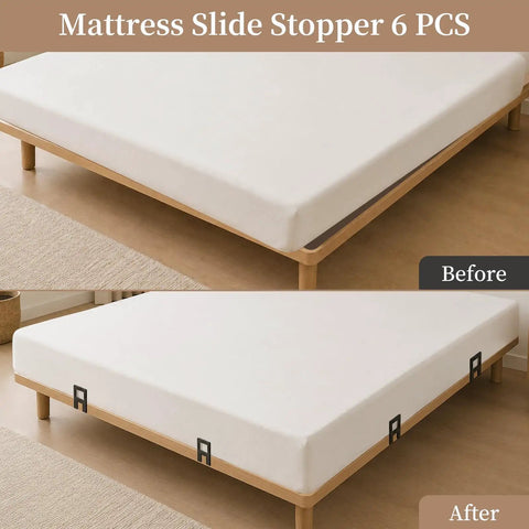 Six Pack Heavy Duty Mattress Slide Stoppers Lock Down Metal Beds Tight Adjustable Anti Slip Bed Grippers showing before and after mattress stabilization.