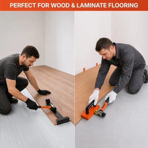 All-In-One 45-Piece Laminate Flooring Tools Kit With Pro Grade Pull Bar being used on wood flooring installation