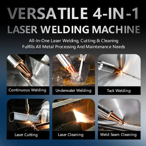 Promotional image showcasing a Multifunction Laser Welder With Built In Wire Feeder 1200W Portable Air Cooled Fiber Welder 4-in-1 functions.