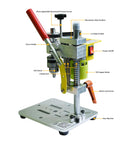 Mini Benchtop Drill Press With 7 Speed Settings And B10 Chuck, handles 0.6-6mm bits, 40mm stroke, aluminum base, labeled parts.