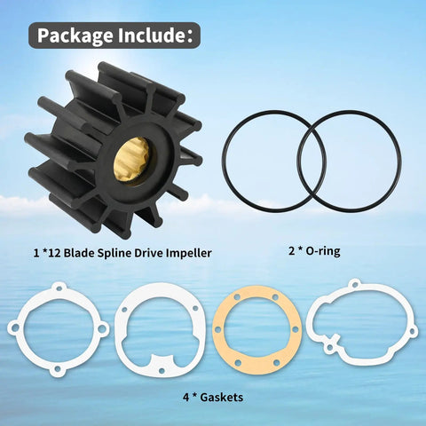 Water Pump Impeller 2-1/4 Inch For Volvo Penta Johnson And Sierra Marine Engines, shown with gaskets and O-rings