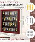 Golf Divot Tool Display Case Wall Mount Cabinet With Lockable UV Acrylic Door Wooden Holder For Collectibles, full view with dimensions and included accessories visible.