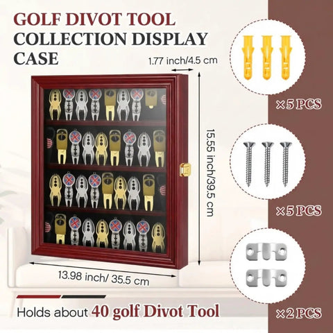 Golf Divot Tool Display Case Wall Mount Cabinet With Lockable UV Acrylic Door Wooden Holder For Collectibles, full view with dimensions and included accessories visible.