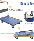 Foldable Push Cart Dolly With 600 Lb Capacity Heavy Duty Platform Truck 360 Degree Swivel Wheels Flatbed Steel Cart For Home Garage And Shop Easy Fold Flat For Storage Blue, folded and flat